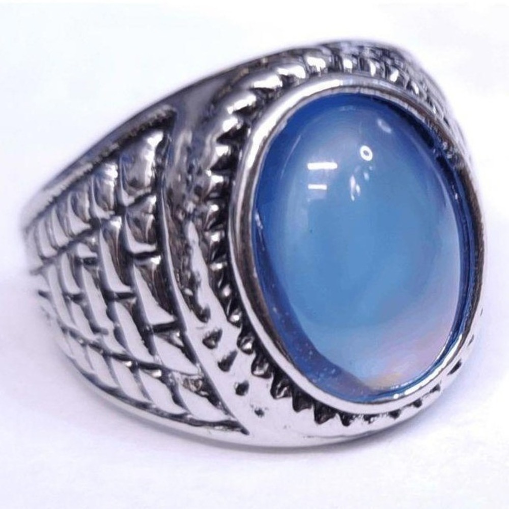 New Faux Cat Eye Moon Looking Oval Stone 8.5 Silvertone Fashion Ring Mens Womens